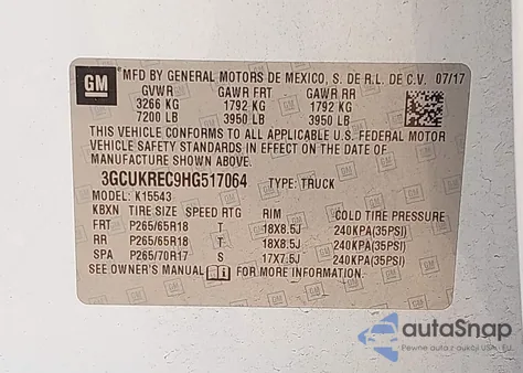 2017 Chevrolet Silverado 1500 2Lt z USA, uszkodzony, nr VIN 3GCUKREC9HG517064